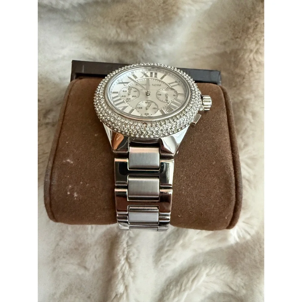 Michael Kors MK3199 Ritz Silver Tone Pave Crystal Chronograph Watch New Battery?
